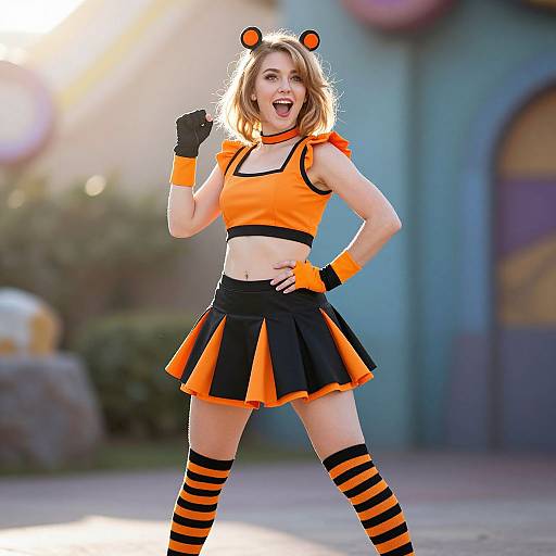 Vibrant Female Character in Orange-Black Costume