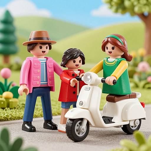 Photograph of colorful LEGO family: man in pink jacket and brown hat, child in red coat, girl on white scooter in green vest, green head