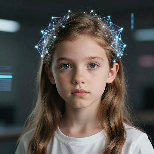 Photograph of a young girl with fair skin and long brown hair, wearing a white shirt, with a glowing blue geometric headpiece on her forehead,