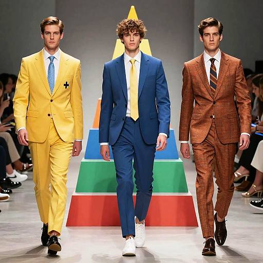 Photograph of three male models in a runway show: left in yellow suit, middle in blue suit, right in brown checkered suit, walking past