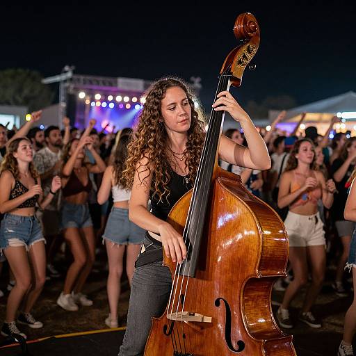 Woman Playing Double Bass at Festival