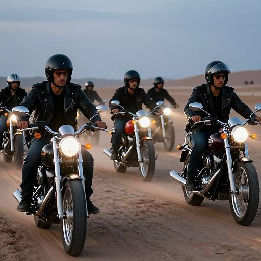 Photograph of six men in black leather jackets and helmets riding motorcycles on a dusty desert road at dusk, headlights glowing.