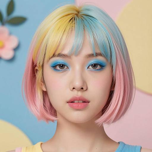 Woman with Pastel Multicolor Hair and Blue Eyeshadow