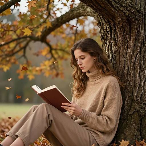 Photograph of a young woman with long brown hair, wearing a beige turtleneck sweater and beige pants, reading a book while sitting against a large