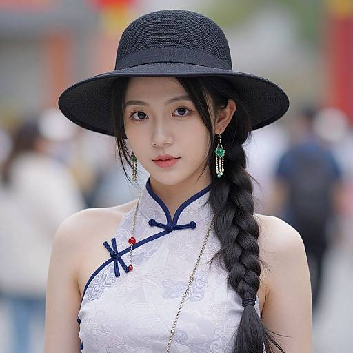 Photograph of an Asian woman with fair skin, black braid, black hat, white lace cheongsam, green earrings, blurred urban background.