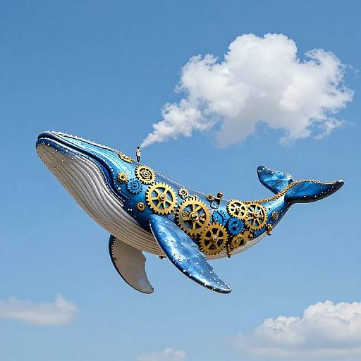 Photograph of a blue, white, and yellow mechanical whale adorned with gears, flying in a bright blue sky with scattered clouds.