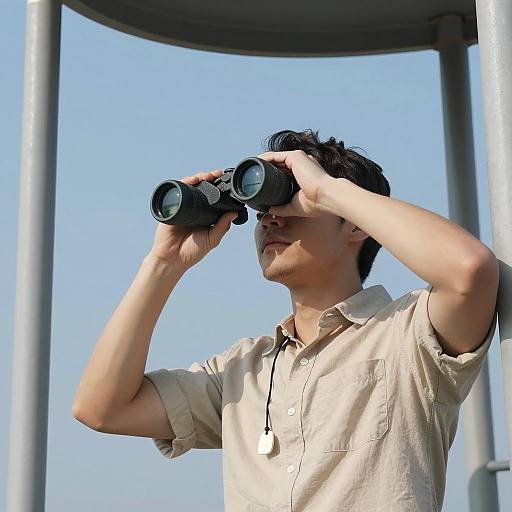 Man with Binoculars on Metal Structure