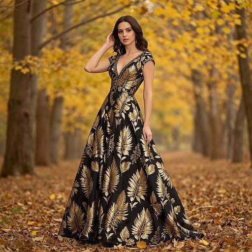 Photograph of a dark-haired woman in a black, gold leaf-patterned, V-neck gown standing in an autumn forest with yellow leaves.