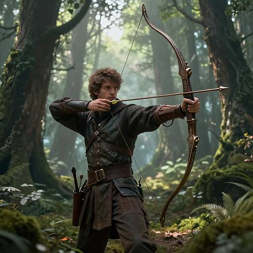 Photograph of a curly-haired man in medieval archer attire, drawing a bow in a sunlit, dense forest with moss-covered trees.
