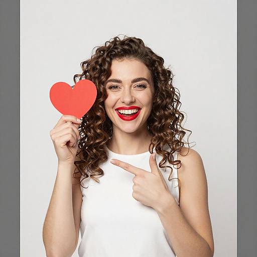 Photograph of a smiling woman with curly brown hair, wearing a white sleeveless top, holding a red heart and pointing at it. White background.