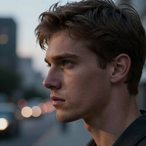 Photograph of a handsome, young Caucasian man with tousled brown hair and fair skin, gazing intently to the left, against a blurred urban
