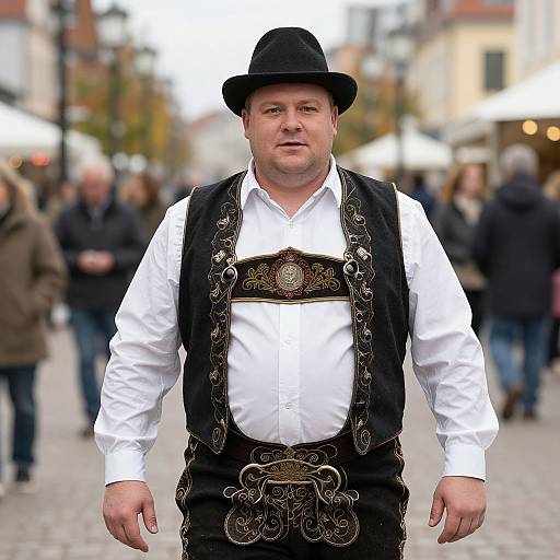 Photograph of a middle-aged man in traditional Bavarian attire: black hat, white shirt, black vest with ornate embroidery, standing on a cob