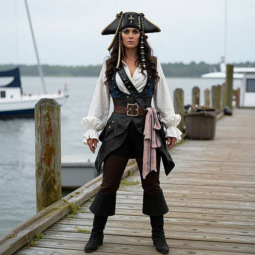 Photograph of a woman dressed as a pirate on a wooden dock, wearing a black tricorn hat, white shirt, black vest, and pants,