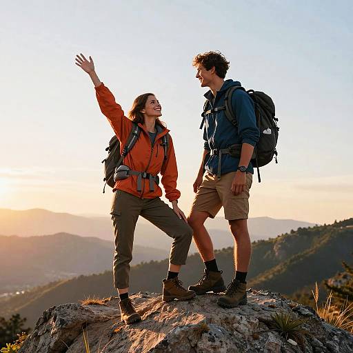 Photograph of smiling couple on mountain peak at sunset, woman in orange jacket waving, man in blue jacket and beige shorts, both with backpacks.