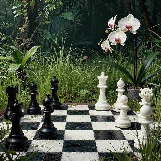Photograph of a lush garden scene with a checkered chessboard, black and white chess pieces, and a white orchid plant.