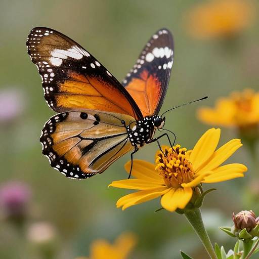 Photograph of a vibrant orange and black monarch butterfly with white spots, perched on a bright yellow daisy, against a green, blurred floral background