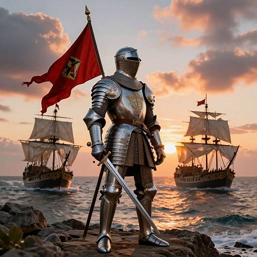 Photorealistic digital art: Silhouetted knight in shining armor with red flag stands on rocky shore, sunset behind, two ships sailing.