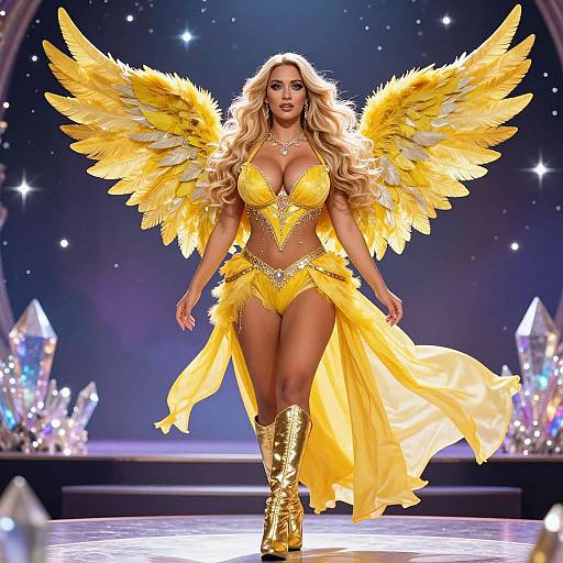Photograph of a blonde woman with wavy hair, wearing a yellow angel costume with large feather wings, gold boots, and a revealing top, walking