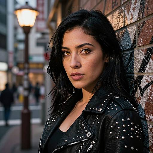 Photograph of a young woman with dark hair, brown eyes, and olive skin, wearing a black studded leather jacket, leaning against a graffiti-covered