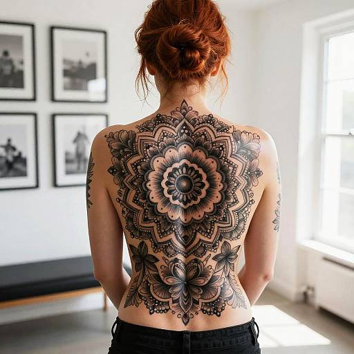 Redhead Woman with Back Mandala Tattoo