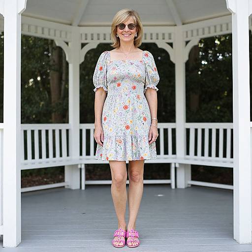 Photograph of a blonde woman in a white floral dress, pink sandals, and sunglasses, standing in a white gazebo with dark green foliage in the