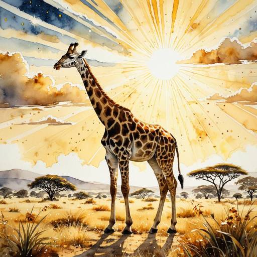 Watercolor Giraffe in Sunlit Savannah