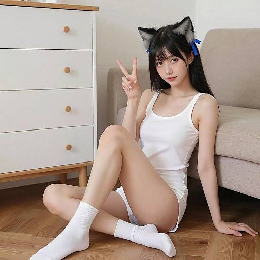 CGI Nude Woman with Cat Ears Pose