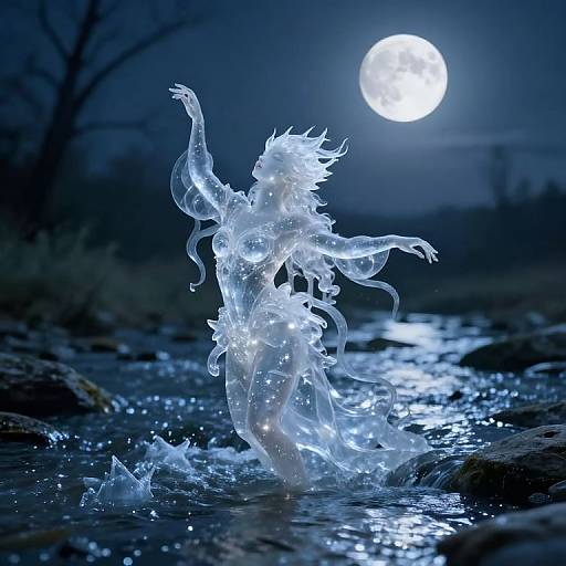 Glowing ethereal figure dancing in moonlit water, with a full moon in the dark night sky, surrounded by shimmering reflections. Photoreal