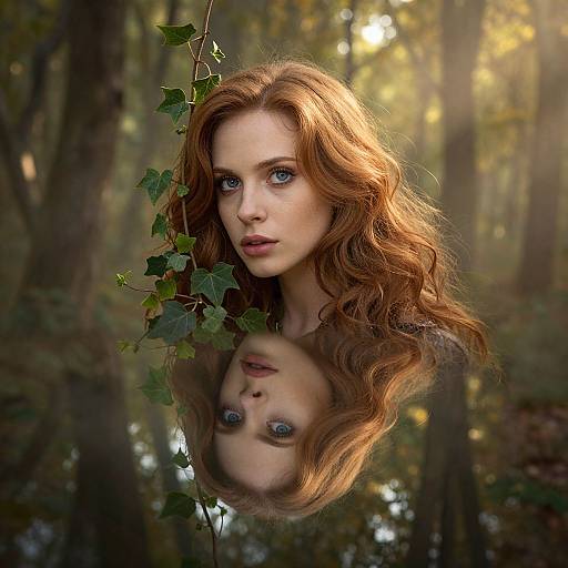 Photograph of a fair-skinned, red-haired woman with blue eyes, her head and reflection mirrored in a forest, surrounded by green ivy and