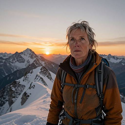Photograph of a middle-aged woman with short, windblown gray hair, wearing an orange jacket and backpack, standing in a snowy mountain range at