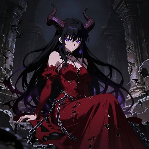 Digital anime-style drawing of a mysterious, dark-haired demon girl with purple eyes, red dress, and black horns, seated among broken stone columns with chains