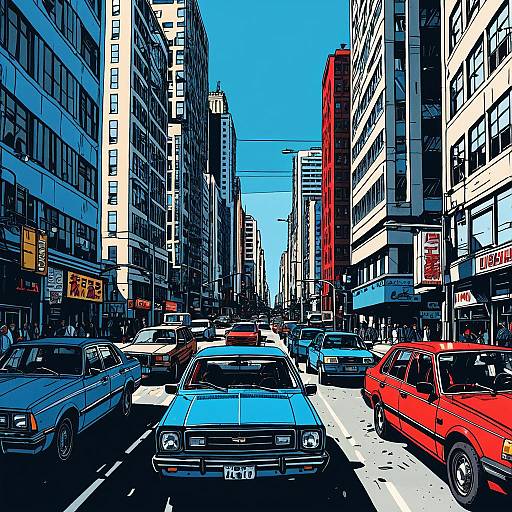 Busy Urban Street with Colorful Cars