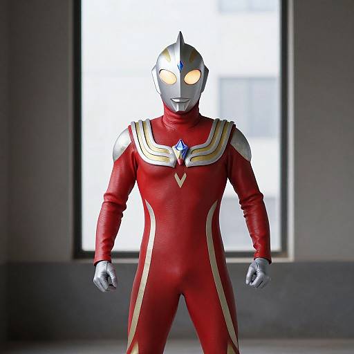 Photorealistic CGI of a silver-masked superhero in a red and gold suit with a blue gem, standing in a dimly lit room with a