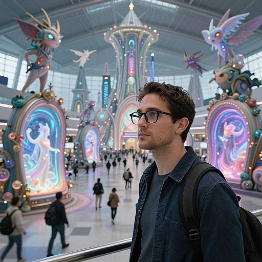 Photograph of a bespectacled man with short dark hair and denim jacket, standing in a brightly lit, futuristic airport terminal with glowing, fantasy