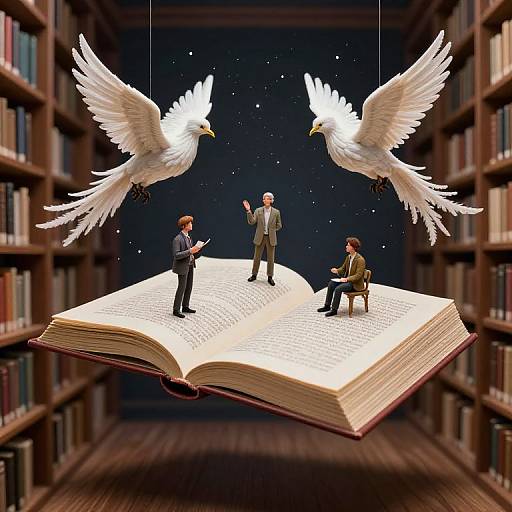Photograph of three businesspeople on an oversized open book, suspended by two white doves, in a book-filled library with a starry night background