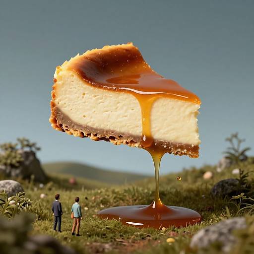 Surreal Cheesecake Over Dreamlike Landscape