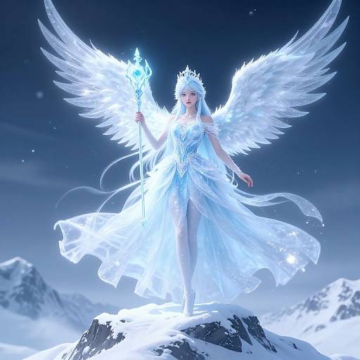 Digital artwork of a glowing, white-winged angel with a radiant crown, holding a glowing staff, standing on a snowy mountain peak against a starry