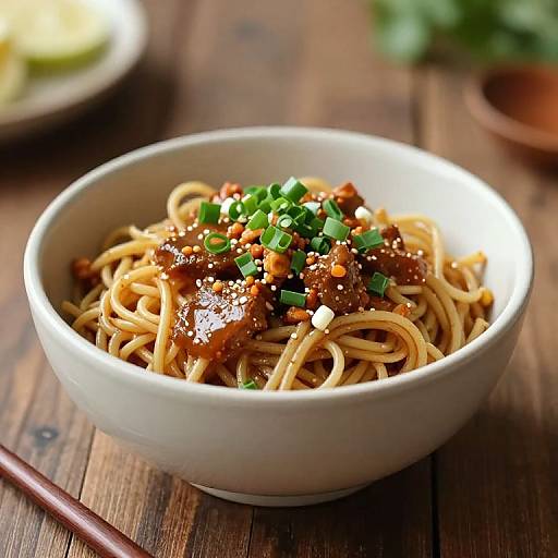 Photograph of a white bowl filled with spaghetti topped with orange sauce, chopped green onions, and grated cheese, on a wooden table.