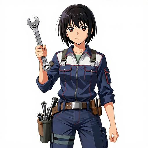 Anime-style digital illustration of a young woman with black hair, wearing a blue jumpsuit, holding a wrench, and having tools in a belt pouch against