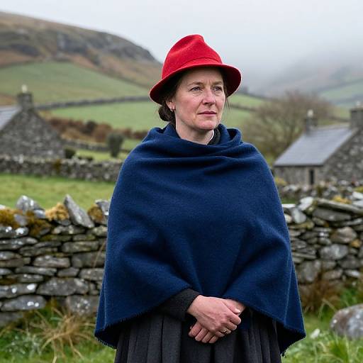 Photograph of a middle-aged woman with fair skin, wearing a red hat and dark blue shawl, standing in a rural stone-walled countryside with