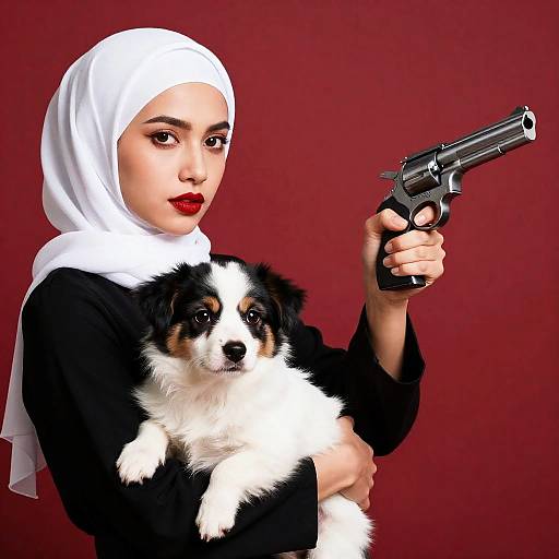 Intense Woman with Dog Against Red Background