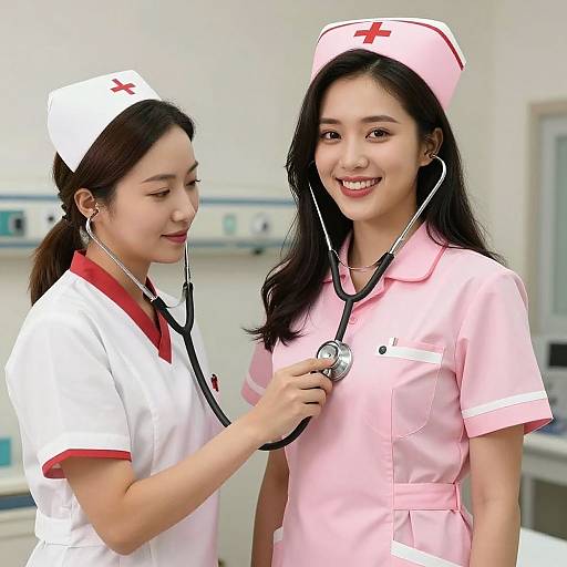 Photograph of two smiling Asian female nurses in pink and white uniforms, one using a stethoscope on the other's chest, in a brightly lit
