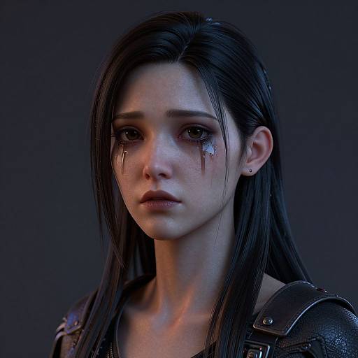 CGI portrait of a sad, tear-streaked young woman with long dark hair, wearing armored shoulder pads, set against a dark blue background.