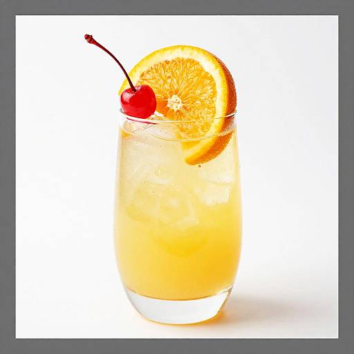 Photograph of a glass of orange cocktail with a lemon slice and red cherry on the rim, set against a white background.