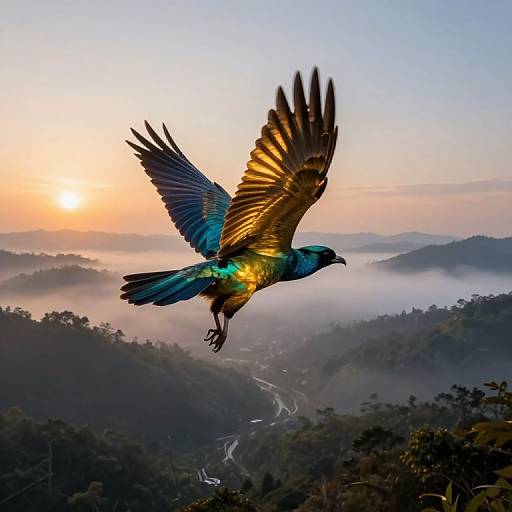 Photograph of a vibrant, multicolored parrot with extended wings soaring above a misty, mountainous landscape at sunrise, with the sun partially