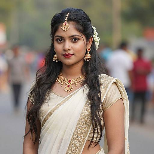 Photograph of a young Indian woman with long black hair, wearing a gold and white saree, traditional jewelry, and a bindi, standing outdoors