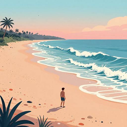 Digital illustration of a young boy in swim trunks standing on a sandy beach at sunset, facing ocean waves with palm trees in the background.
