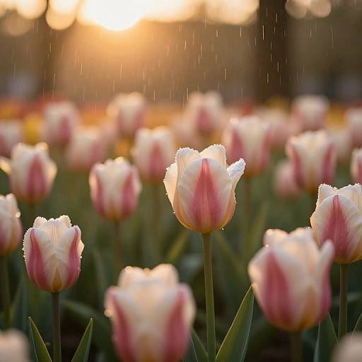 Photograph of a sunlit field with pink and white tulips, dewdrops, and gentle rain, blurred background, golden sunset.