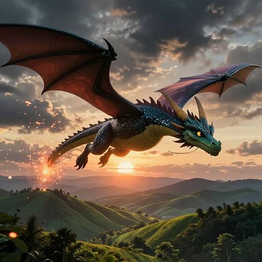 Digital artwork of a majestic, blue-scaled dragon with red wings soaring over rolling green hills at sunset, fiery sky, and dramatic clouds.