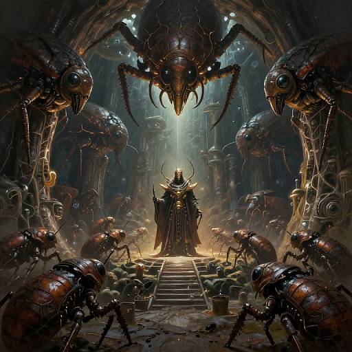 Digital art of a dark, sci-fi laboratory with a robed, horned figure on stairs, surrounded by giant, glowing mechanical insects.